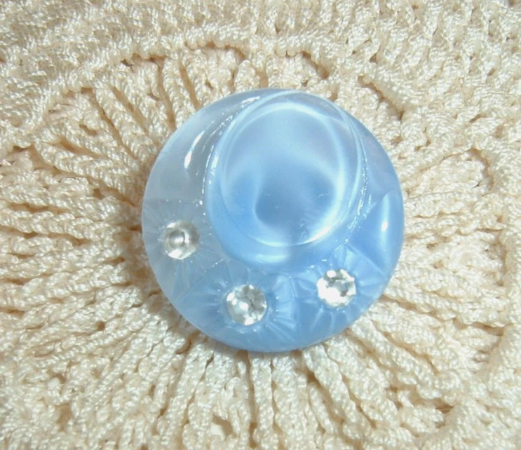 Set of 3 Vintage Blue Moonglow Glass Hat Buttons w/3 Rhinestones in Brim 11/16" - Image 2 of 3