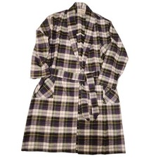 L.L.Bean Mens Plaid Flannel Bathrobe Large Tall Blue Green Cotton Lounge Robe