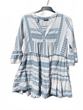 Moment Blue White Aztec Tiered Smock Dress Cotton Boho UK 14 16