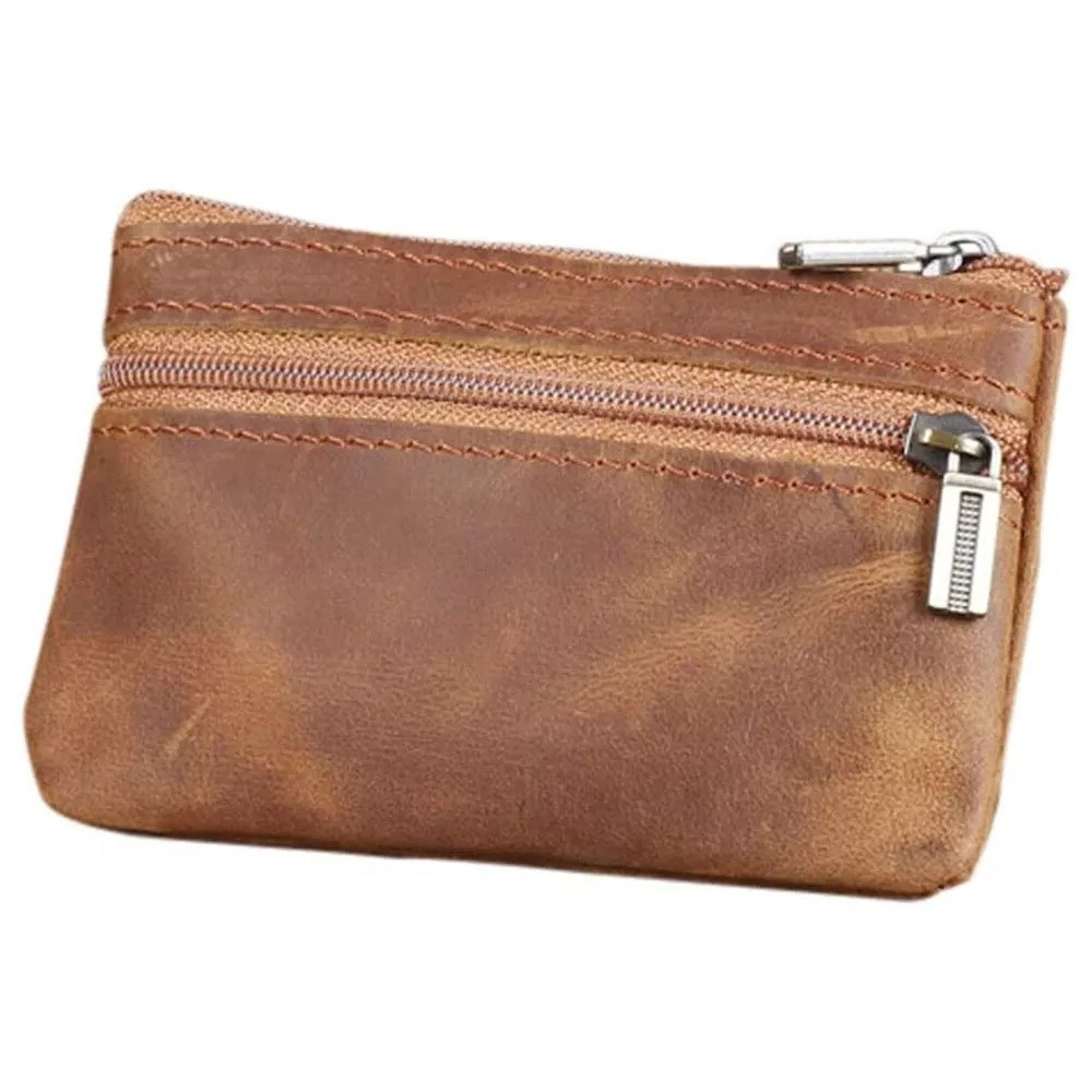 Brown Genuine Leather Coin Purse Small Zipper Wallet with Key Ring & Card Holder