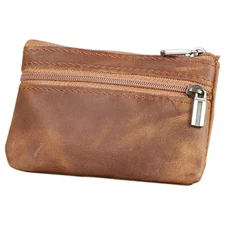 Brown Genuine Leather Coin Purse Small Zipper Wallet with Key Ring & Card Holder