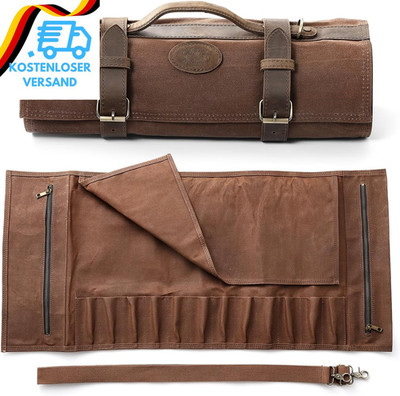 Kochmesser Rolltasche 12 Fächer aus Segeltuch und Leder