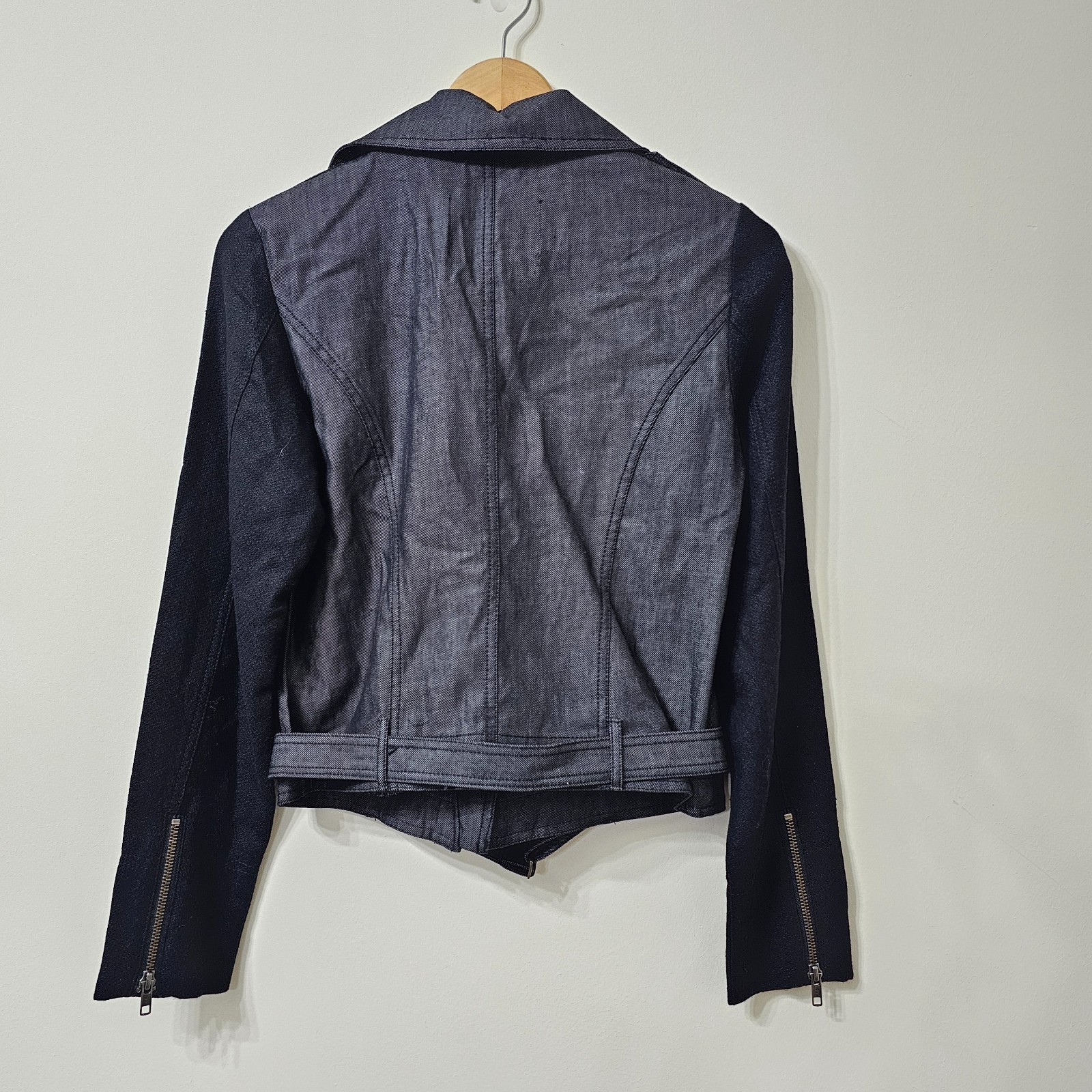 Stüssy women's denim biker jacket black sleeves size S Ryder Crop Moto Jacket thumbnail 11