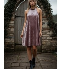 i.JOAH Mini Tent Dress Pink Velour Sleeveless SZ SM USA High Neck Boho Fairy