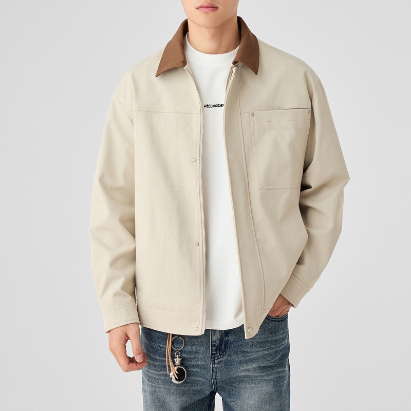 Retro American Style Mens Lapel Collar Colorblock Short Coat Jacket Zip Outwears