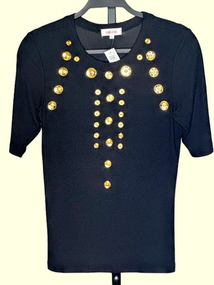 GOLDIE Glamour Black/Gold Embellishment Stretch Ribbed Top/Blouse Sz M Ret: $245