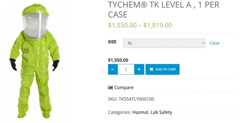 Dupont TK554TLY2X00015C Tychem TK Commander Level A Suit TychemTK 2XL NOS - product listing photo
