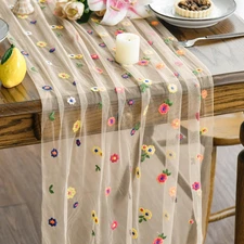 Champagne Embroidery Daisy Gauze Table Runner 120 Inch 10FT, Seasonal Sheer Kitc