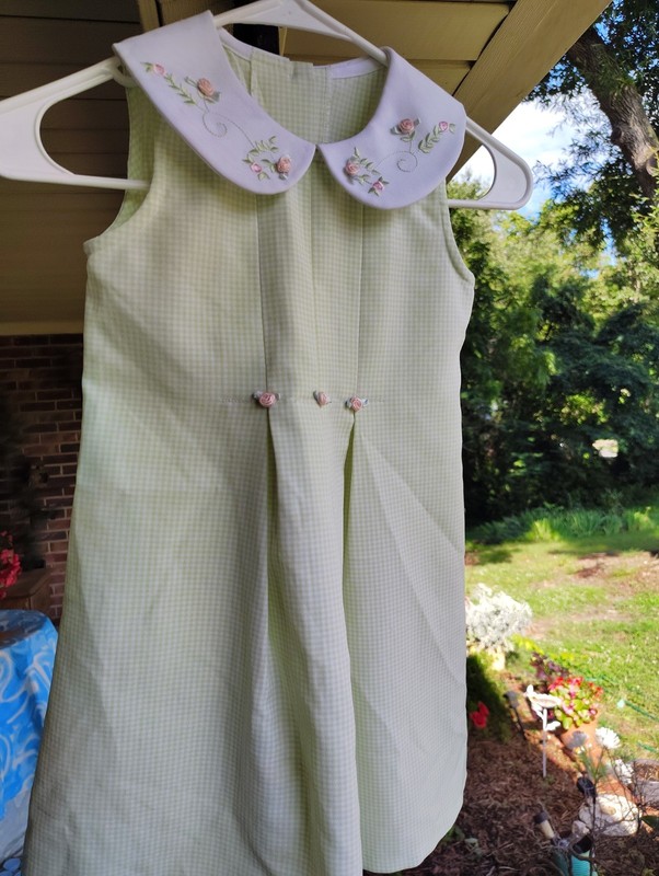 Bonnie Jean Girls Sz 5 Green White check Sleeveless Dress Collar With Pink Rose