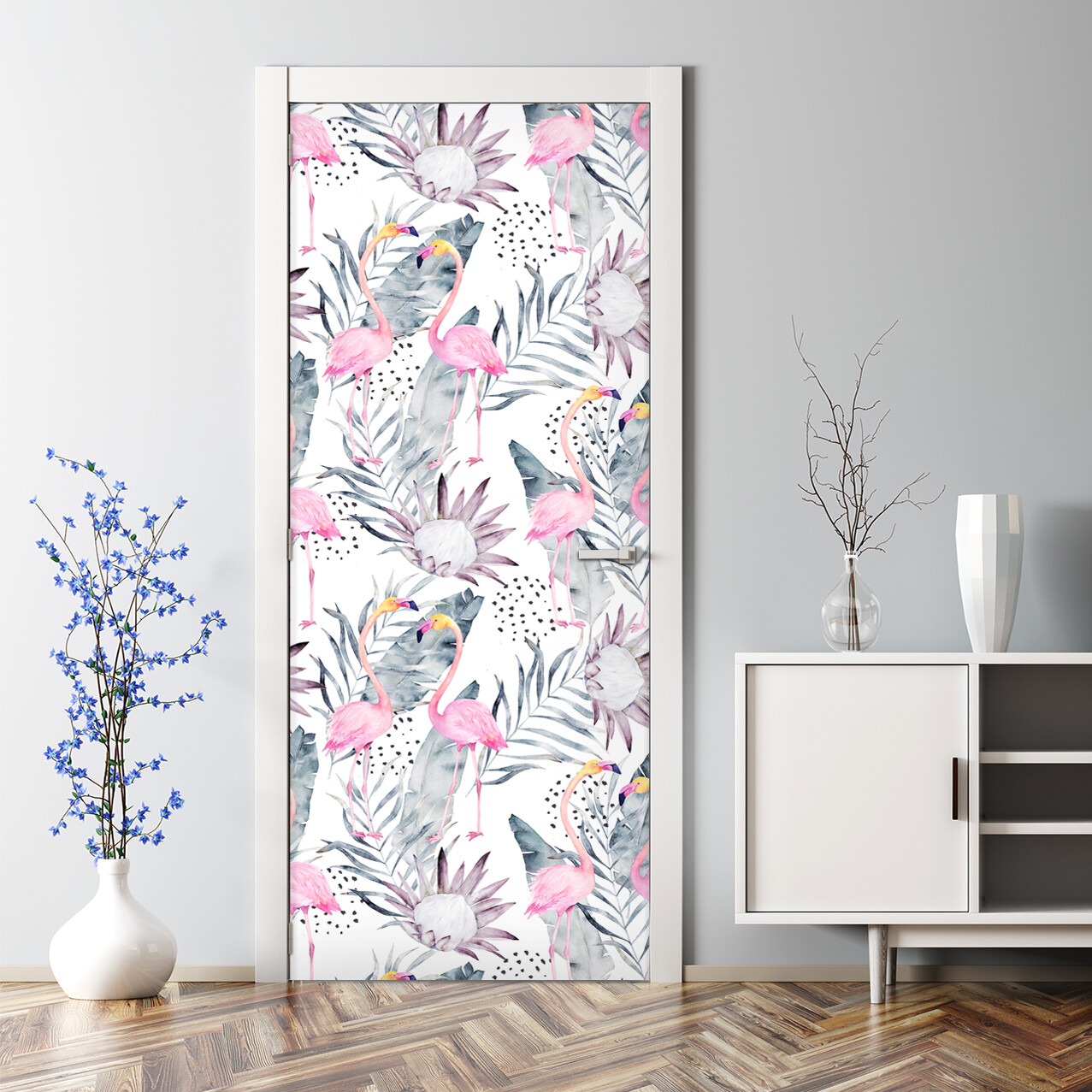 Flamingo Leaves Exotic Birds Flowers and Leaves Pattern Self Adhesive Door Decal