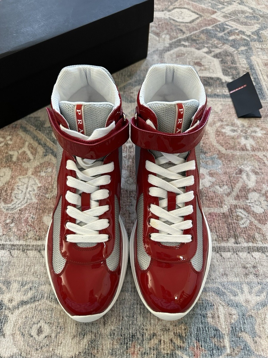 Prada Americas Cup Sneakers Red Patent Leather High Tops