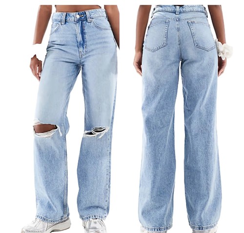 *NEW* ASOS Design Wide Leg Dad Jeans Light Wash/Mid Blue Knee Rips W26 ...