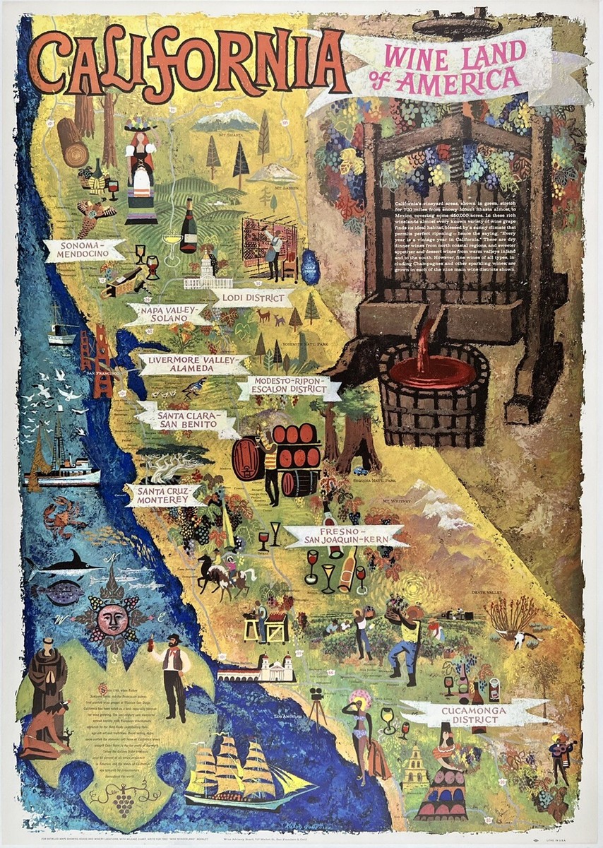 Original Vintage Poster CALIFORNIA WINE LAND OF AMERICA Travel Tourism Map  LINEN
