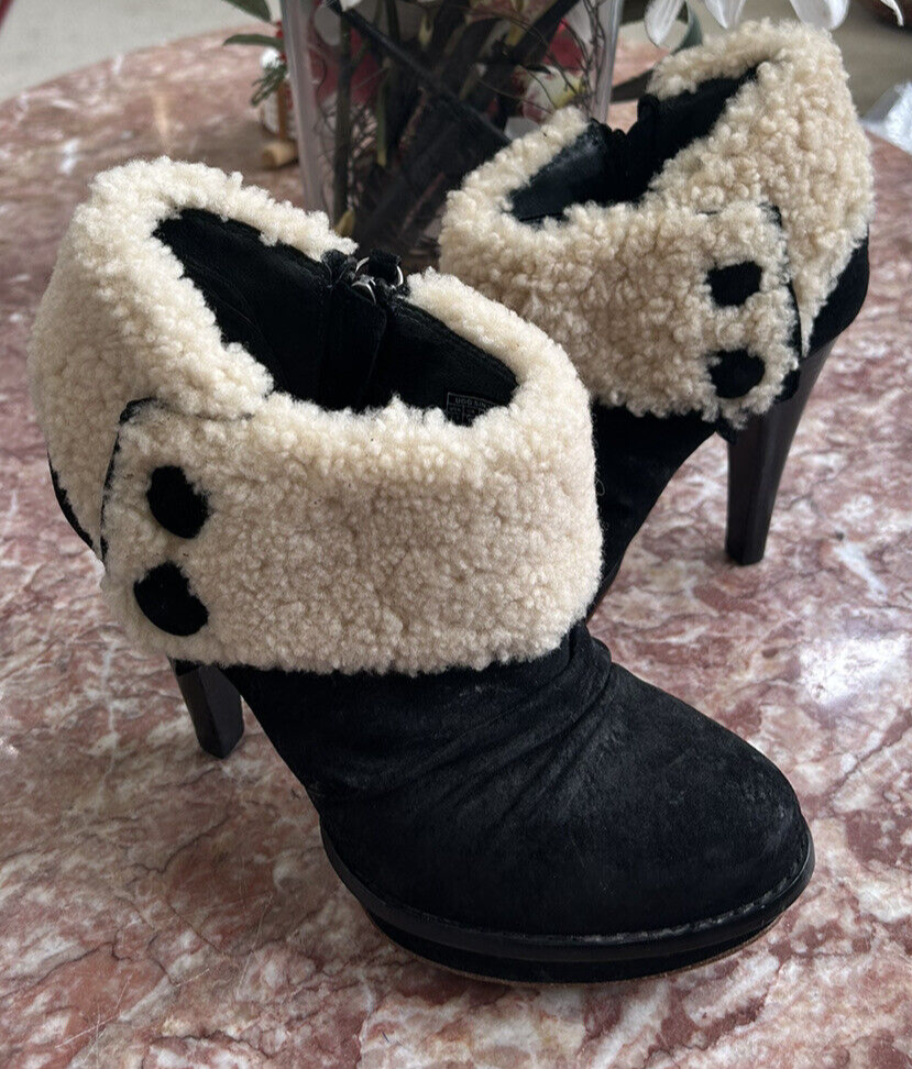 UGG GEORGETTE Ankle Platform Black Nubuck Fur Upper Logo