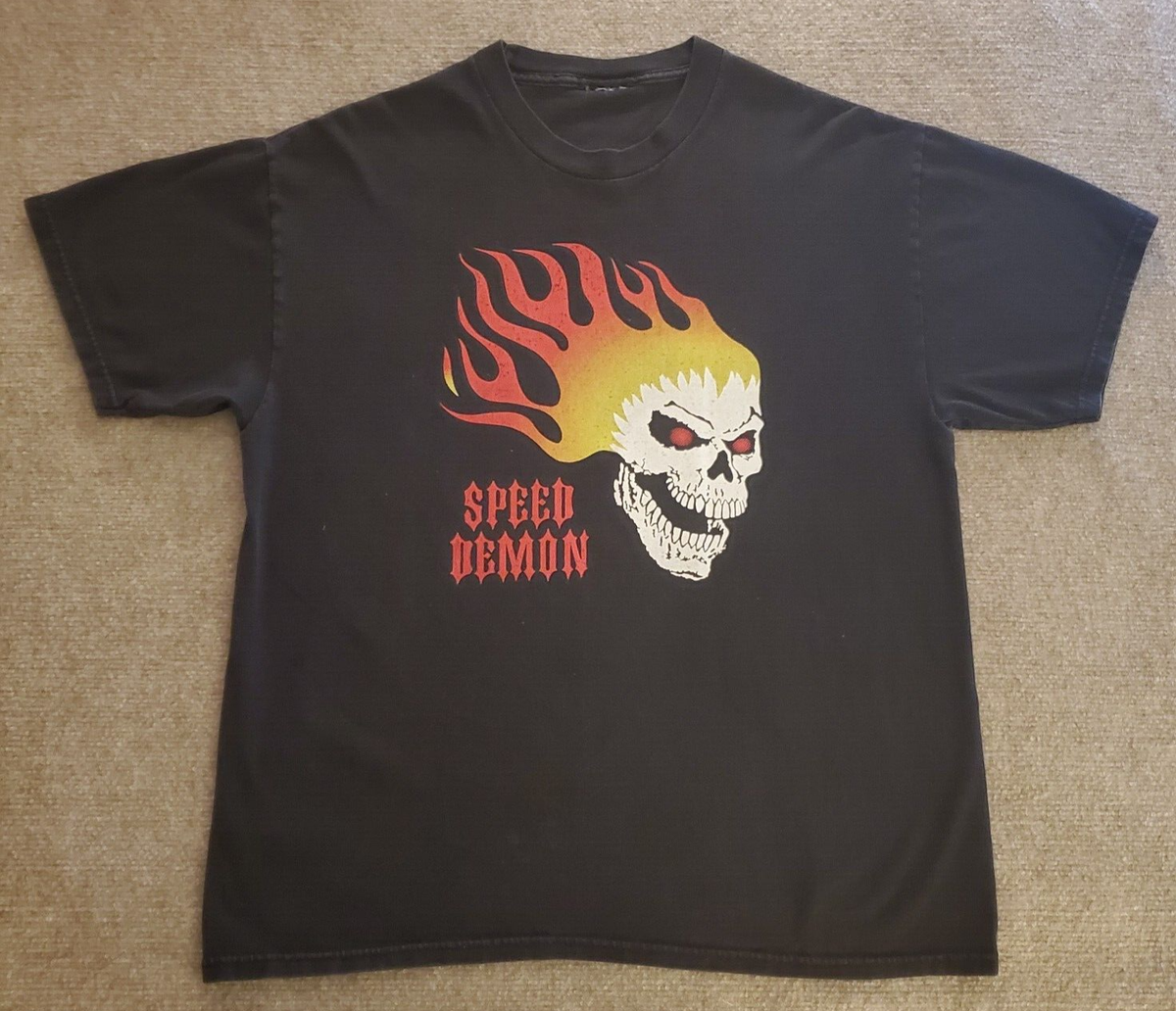 Speed Demon T-Shirt Graphic Tee Flaming Skull Crew Neck Short