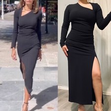 Zara Blogger’s Favorite Black Asymmetric Neck Midi Slit Draped Dress Size M