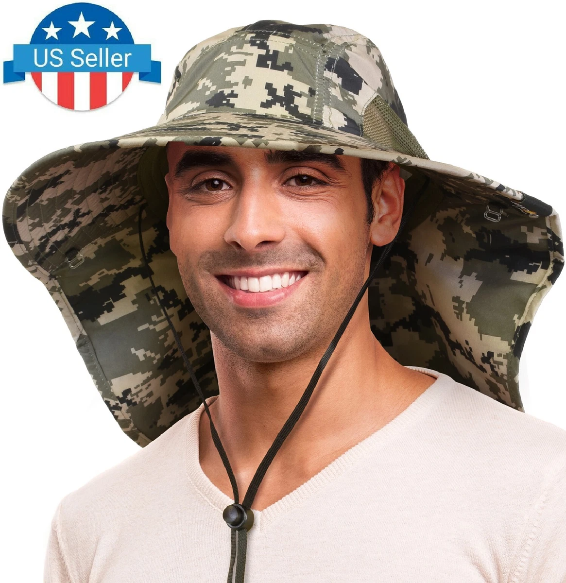 Sun Hat for Men UV Sun Protection Wide Brim Safari Hiking Cap w/Neck Flap  Cover