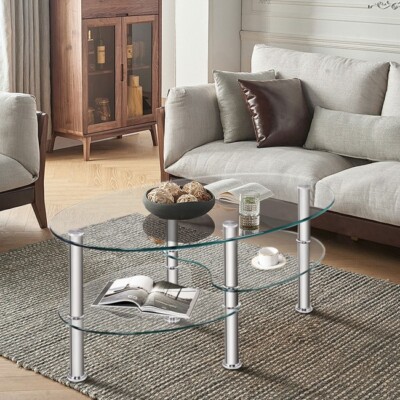 Tempered Glass Oval Side Coffee Table Shelf Chrome Base Living