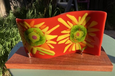  Southwest Sunflowers Handmade Fused Art Glass Wave  9.5 x 5  W/ Wood Base