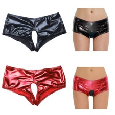 Womens Crotchless Underwear Briefs Shiny Leather G-string Bikini Underpants