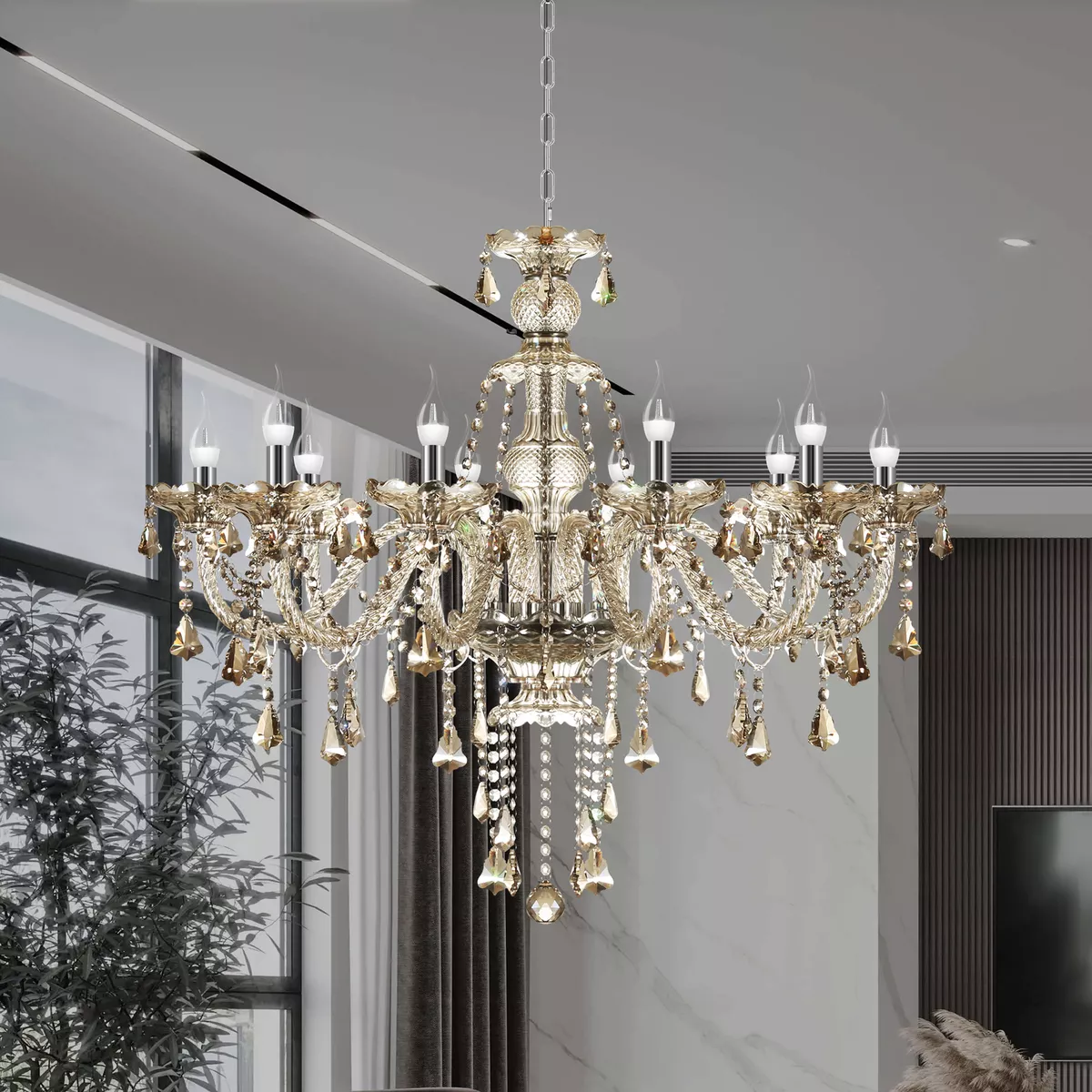 10 Arms Cognac Chandelier K9 Crystal Glass Ceiling Light Candle Pendant Lamp E14