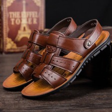 Summer Mens Beach Open Toe Driving Leather Flats Sandals Outdoor Casual Slippers