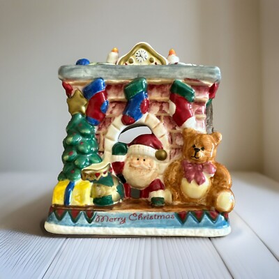 NEW!-FITZ & FLOYD Merry Christmas Santa Claus Fireplace Ceramic Candle Holder