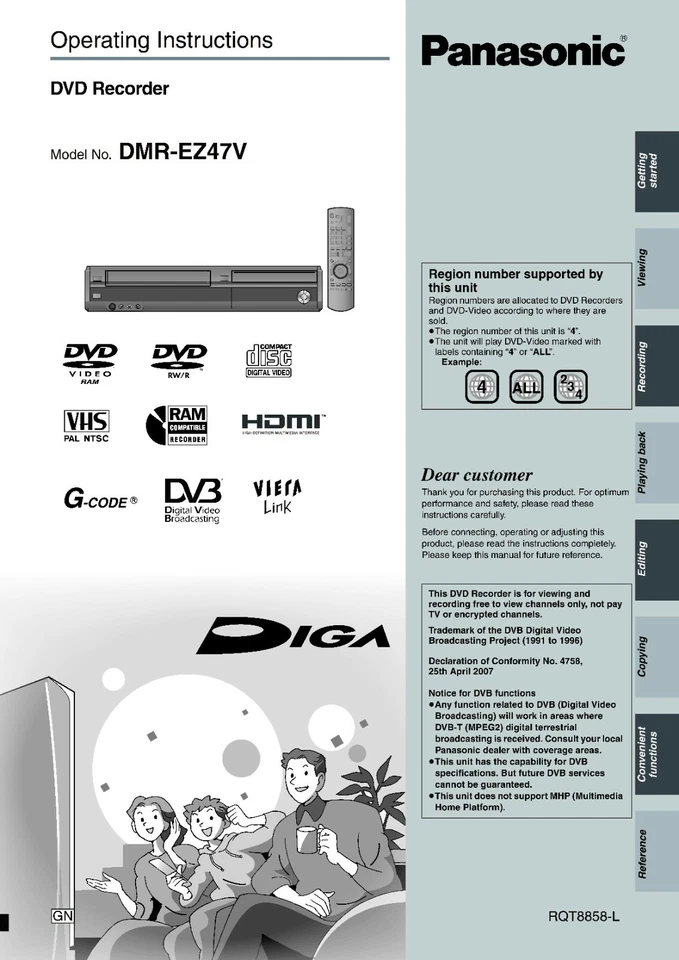 Operating Instruction Owner's Manual For Panasonic DMR-EZ47V DVD PLAYER RECORDER - Image 1 of 1