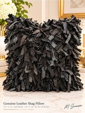 Black Genuine Leather Shag Fringe Pillow 16x16 Feather Down Insert Boho Modern