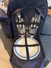 Beach Picnic Backpack Bag for 2 Person with Cooler Compartment Navy Blue