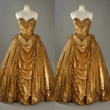 Luxury Victorian Wedding Dress Gold Glitter Sheath Inlaid Sequins Pleated Corset