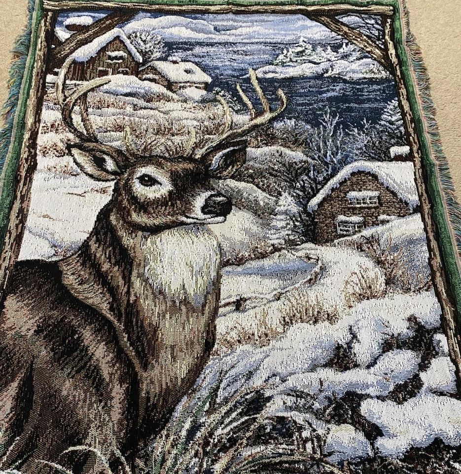 The Northwest Company Deer Themed Tapestry Throw Blanket Deer With  Snowy Cabin - Image 2 of 4