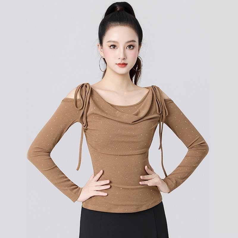 NUEVO Top de mujer para salsa latina cha tango baile de salón #W006 caqui y negro