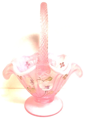 Fenton Hand Painted Spring Splendor Pink Chiffon Opalescent Ribbed Basket
