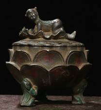 5.1"Old Dynasty Bronze Gilt Painting Lotus Tongzi Kid Boy Incense Burner Censer