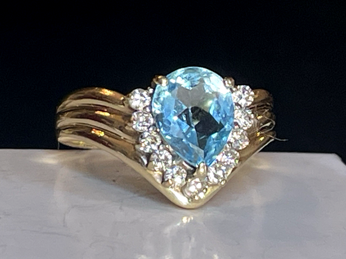 14K GOLD BLUE TOPAZ & DIAMOND RING NATURAL GEMSTONE SIGNED - Picture 4 of 16