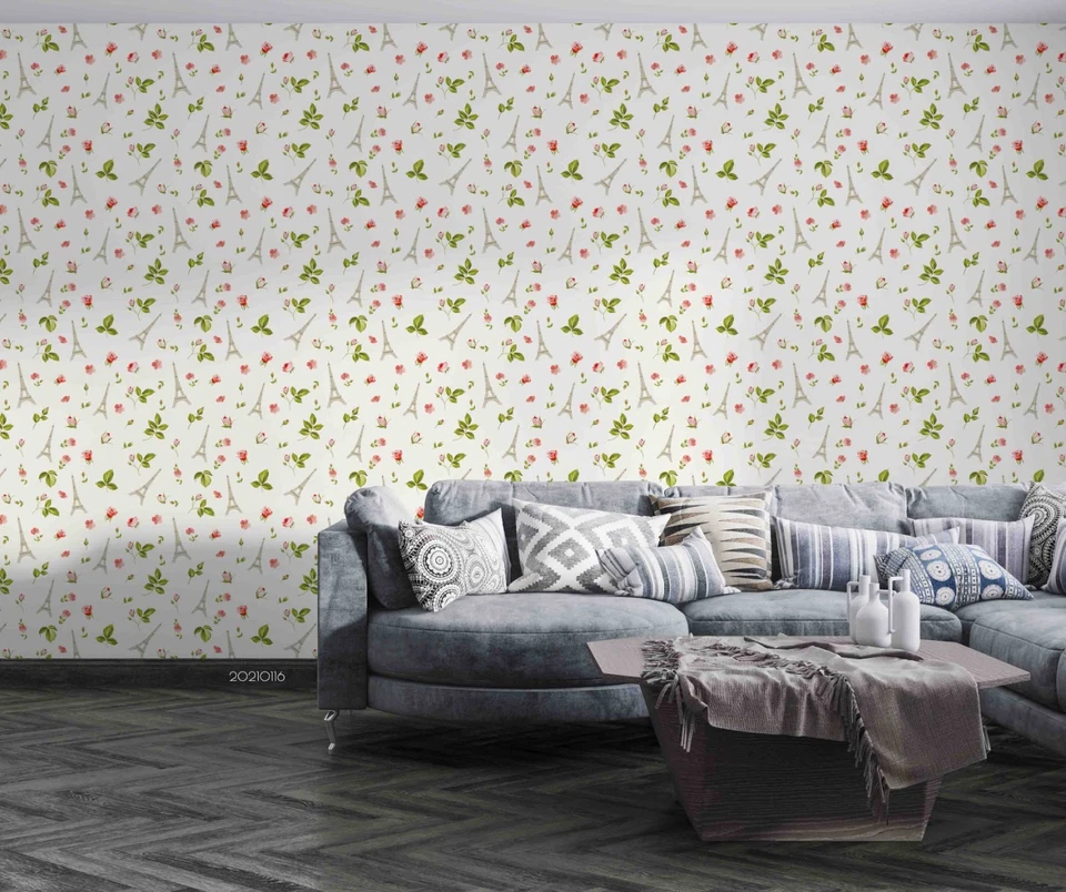 3D Eiffel Tower Floral Pattern Self-adhesive Removeable Wallpaper Wall Mural - Image 3 of 4