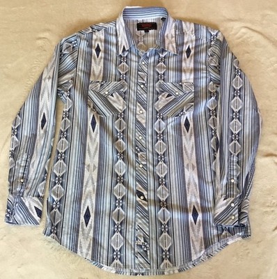 Rock 'n Roll Denim Mens XL Blue White Gray Aztec Long Sleeve Shirt Snaps EUC