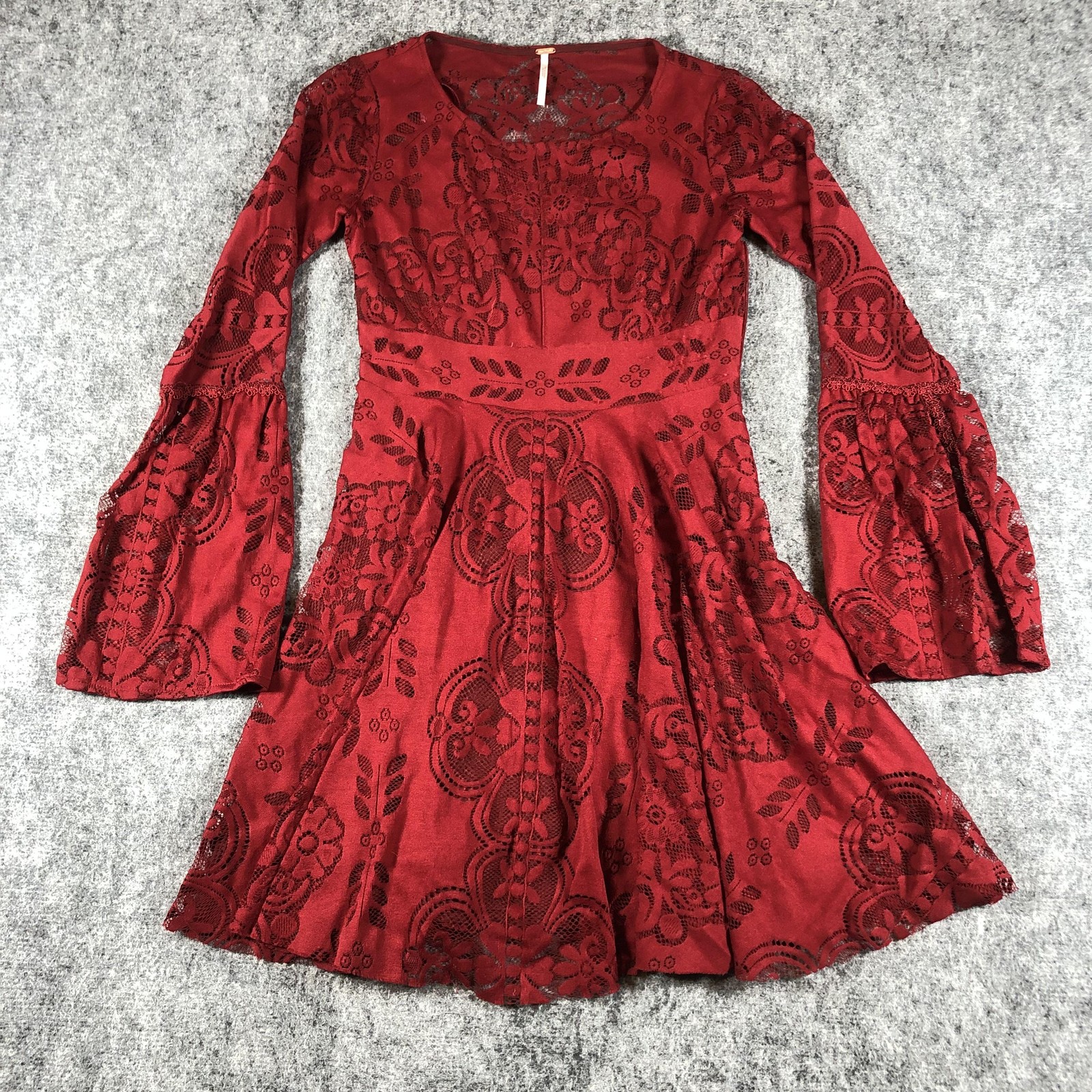 Free People Dress Womens 0 Red Lace Fit & Flare Bell Sleeve Boho Mini Dress