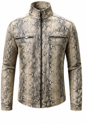 Men's Genuine Leather Python Snakeskin Print Biker Jacket Zip Coat XS-3XL