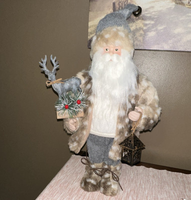 Christmas Santa Claus Figurine Gray Hat Faux Fur Coat Holding Deer & Lantern