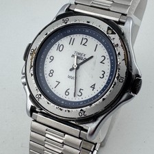 Vintage Timex Indiglo Quartz Watch Men Silver Rotating Bezel Analog New Battery