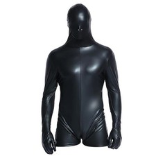 Men  s Genuine Leather Full Body Zentai Suit   Black Real Leather Catsuit with Ho