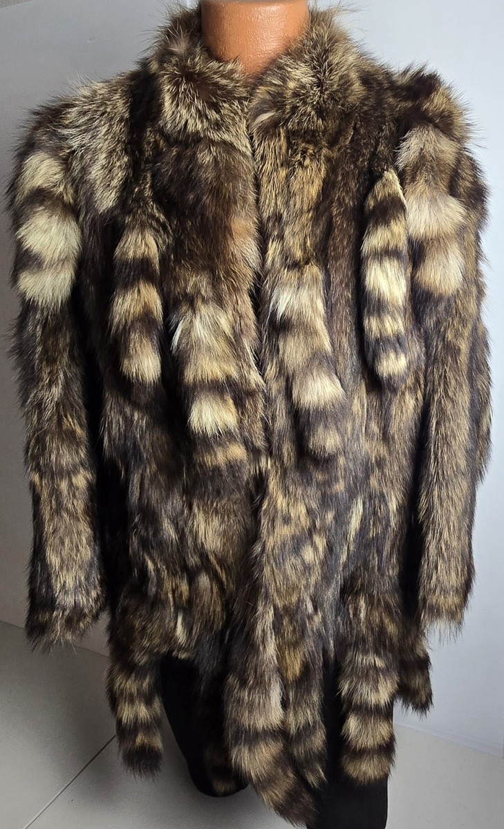 Vintage Genuine Raccoon Fur Coat Jacket w/ Full Tail Trim Women's