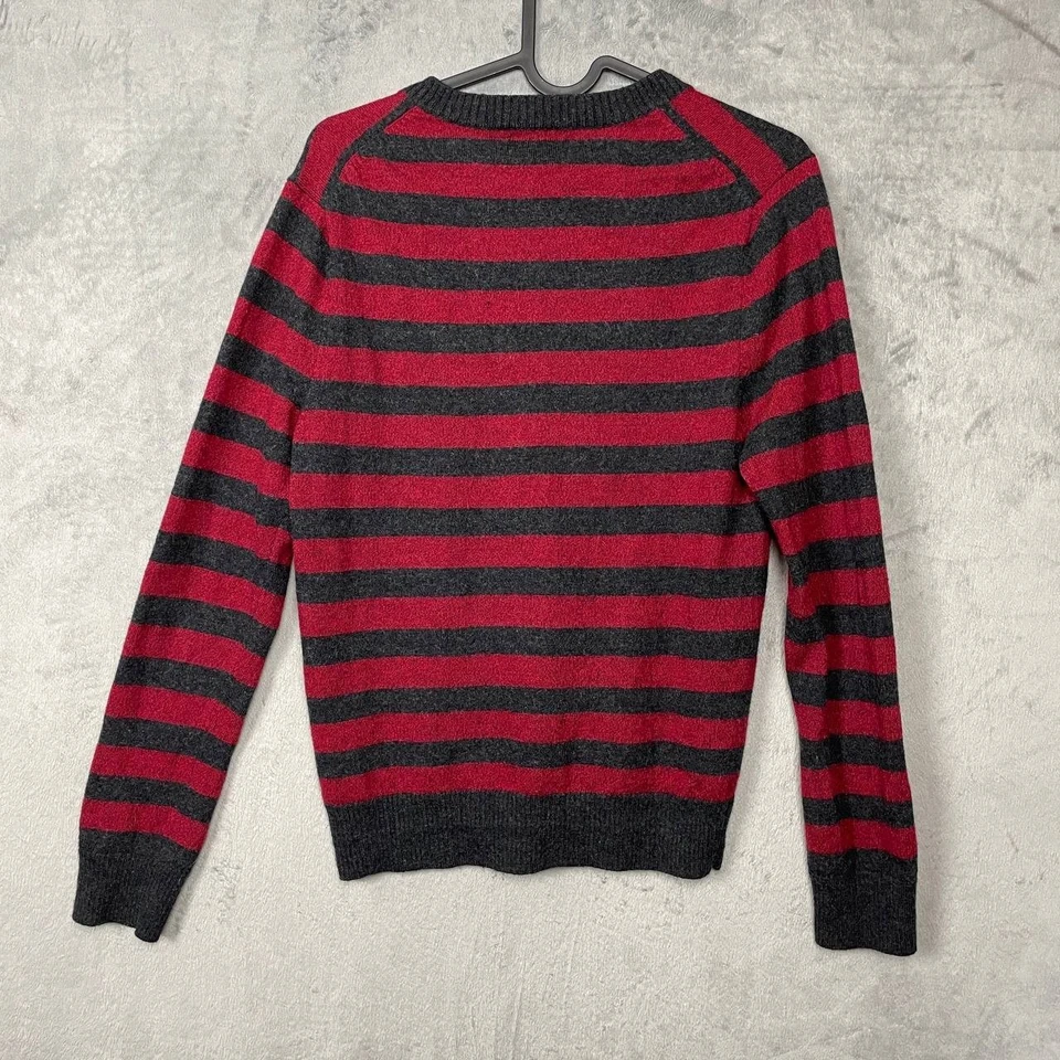 Men Grunge Red Black Striped Merino Wool V-Neck Sweater Small School Academia - Image 2 of 4