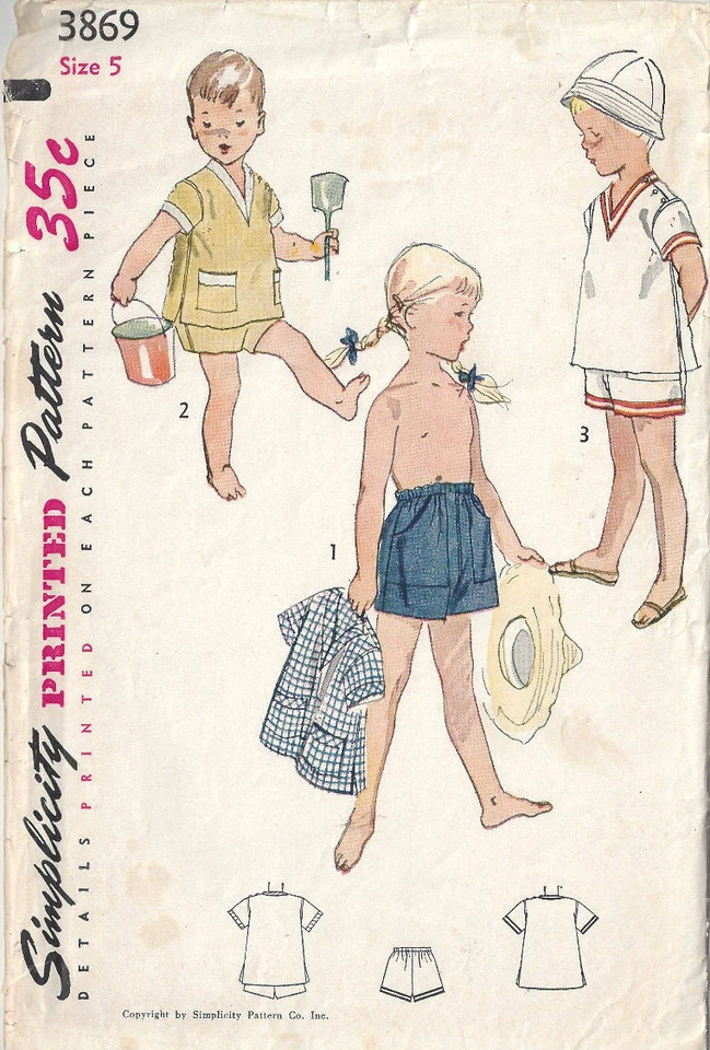1952 Kinder Vintage Nähmuster S5 B23.5 STRANDHEMD SHORTS UNISEX (C24) - Bild 1 von 2