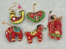 Vintage Figurine and Shape Ornaments India Folk Art and Decorated Cloth Set of 5