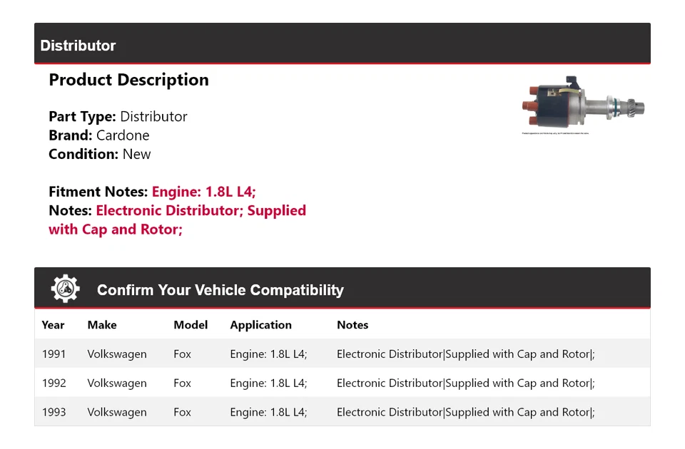 Para Volkswagen Fox 1991-1993 1,8 L L4 Distribuidor Cardone 1992 Foto 2 de 4