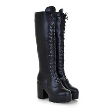 High Knight Boots Zip Block High Heel Lace Up Combat Knee Platform Shoes Womens