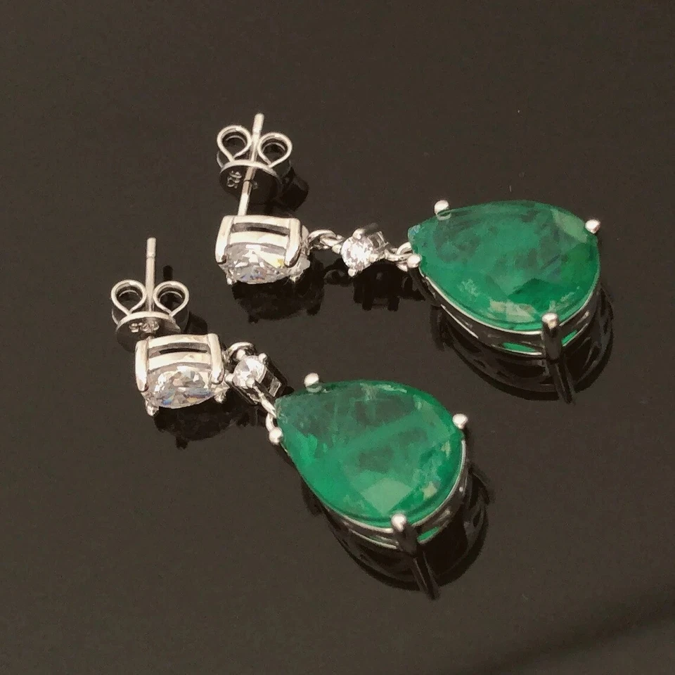 3CT Pear Cut Green Emerald Lab-Created Dangle Drop Earring 14k White Gold Plated - Image 4 of 4